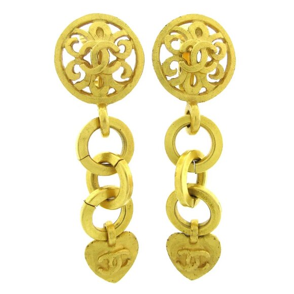Chanel Heart Dangle Earrings Clip-On Gold 95P 60416 - Picture 1 of 4
